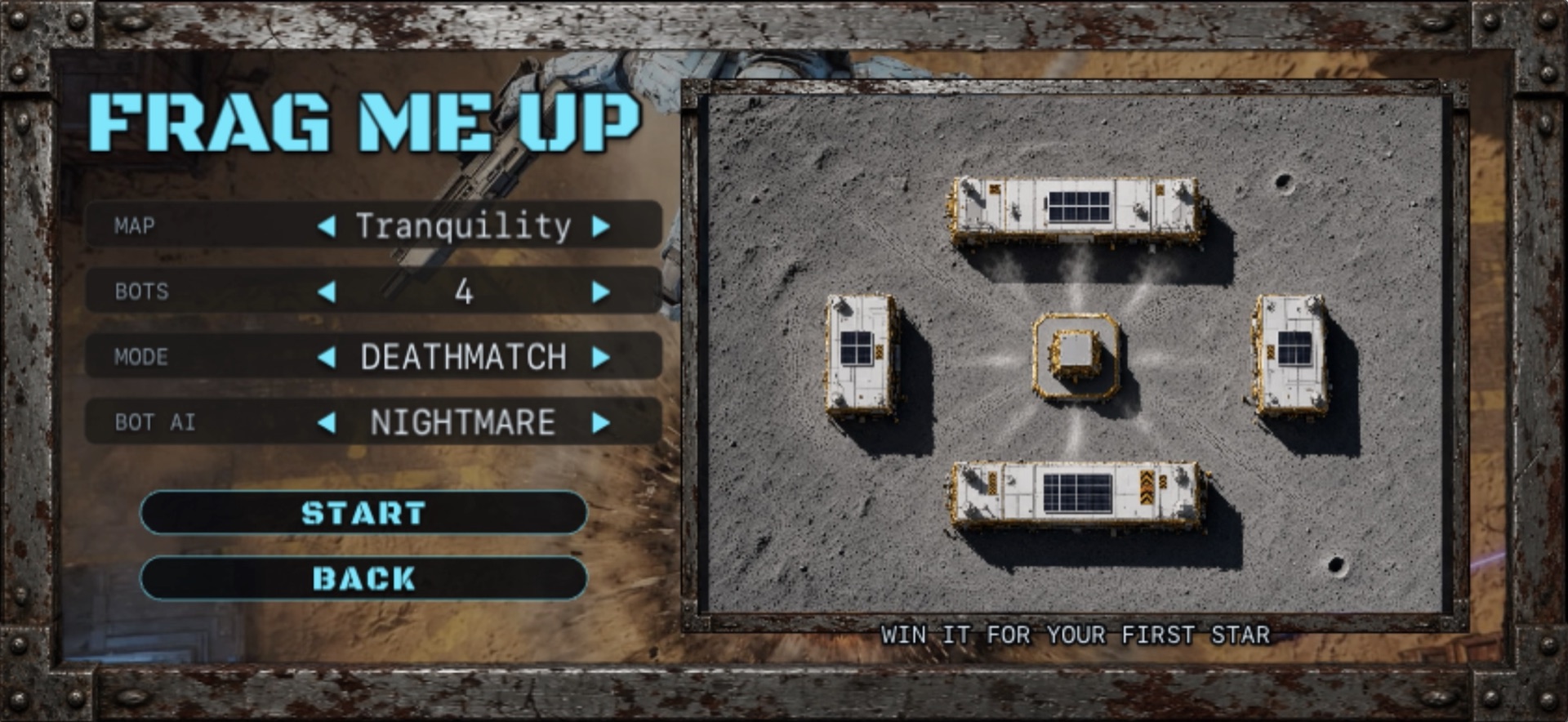 The single player screen: map, bot count, mode, and bot difficulty set to Nightmare